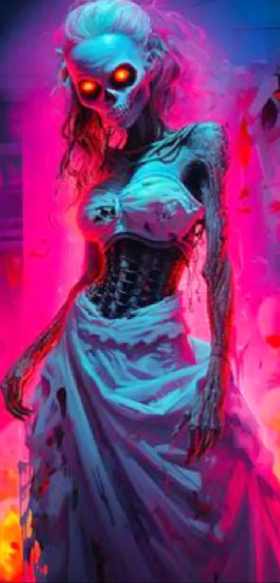 Neon skeleton bride in glowing colors on wallpaper.