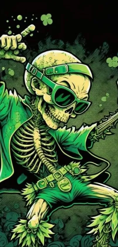 Neon green skeleton dancing vibrantly on a dark background.