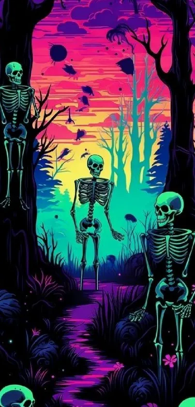 Neon skeletons in a colorful fantasy forest scene for mobile wallpaper.