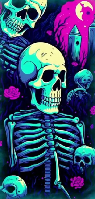 Neon skeletons with gothic towers and roses in vibrant colors.