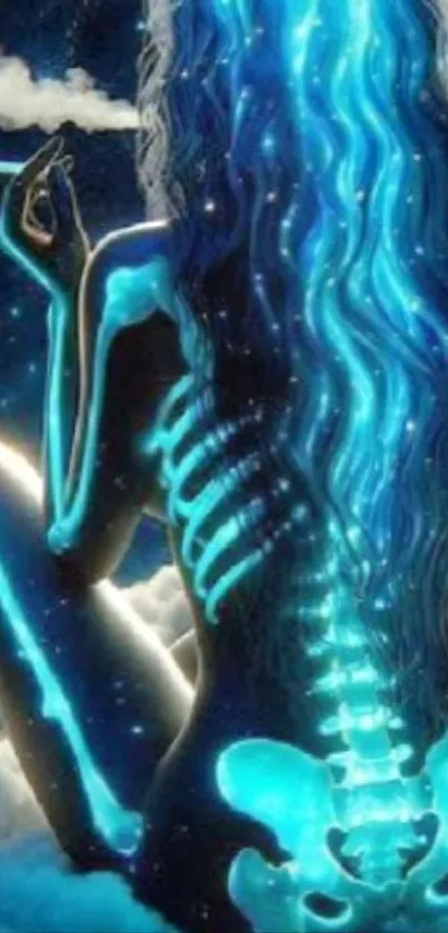 A neon skeleton with glowing blue hair in a cosmic night sky.