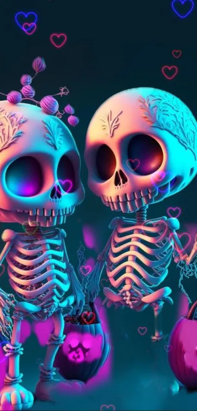 Neon skeleton couple surrounded by glowing hearts in a vibrant Halloween scene.