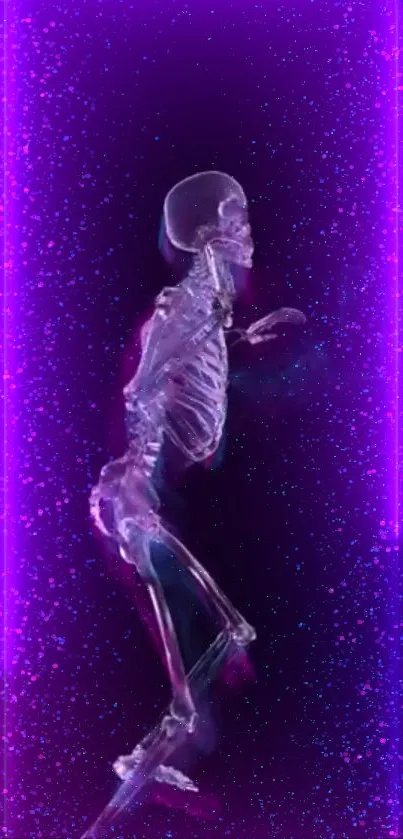 Neon skeleton art with glowing purple hues and cosmic design for mobile wallpaper.