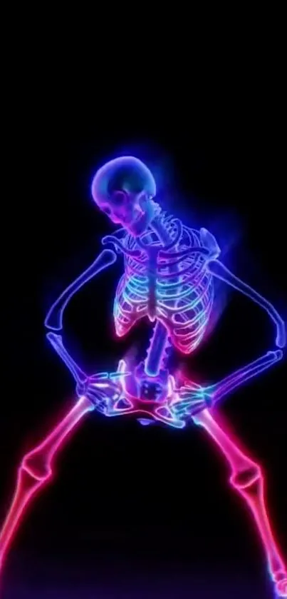 Vibrant neon skeleton on black background.