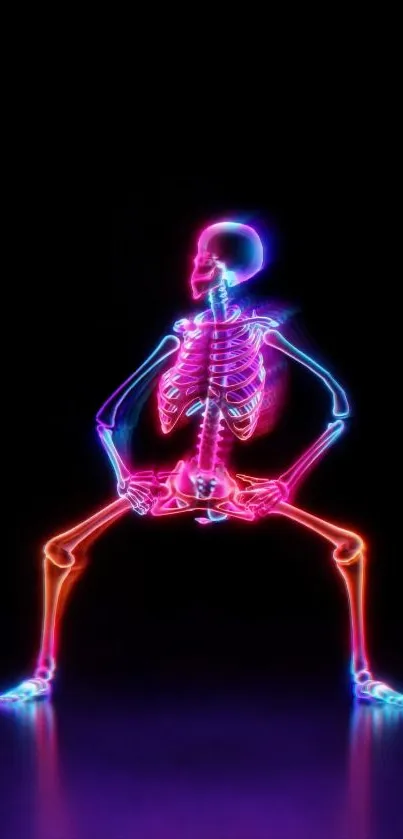 Bright neon skeleton on black background wallpaper.