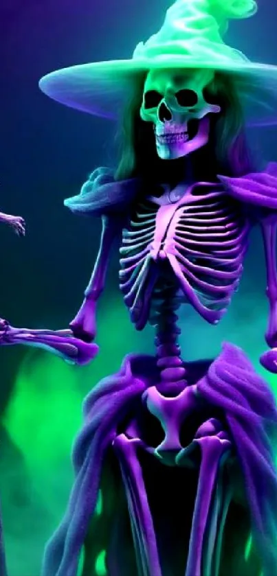 Colorful neon skeleton witch with hat and staff.