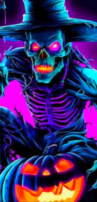 Neon skeleton with glowing pumpkin, witch hat, and purple background.