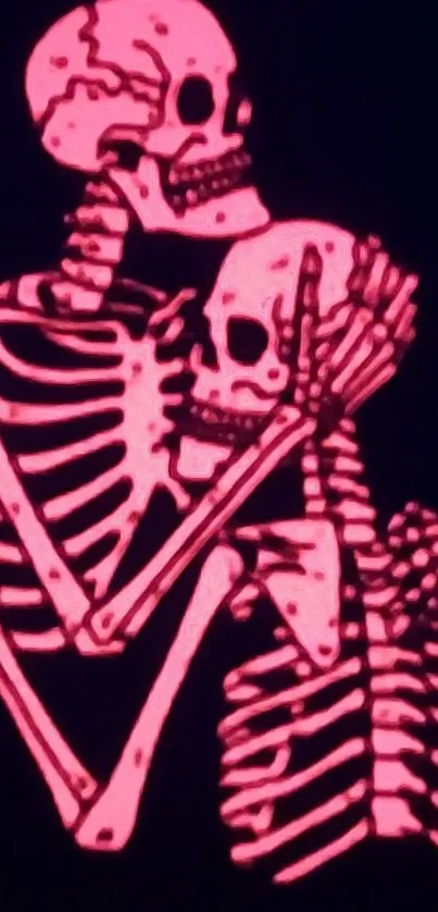 Two neon pink skeletons embrace in dark immersive wallpaper.