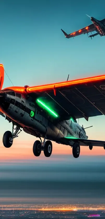 Airplanes with neon lights soar in a twilight sky.