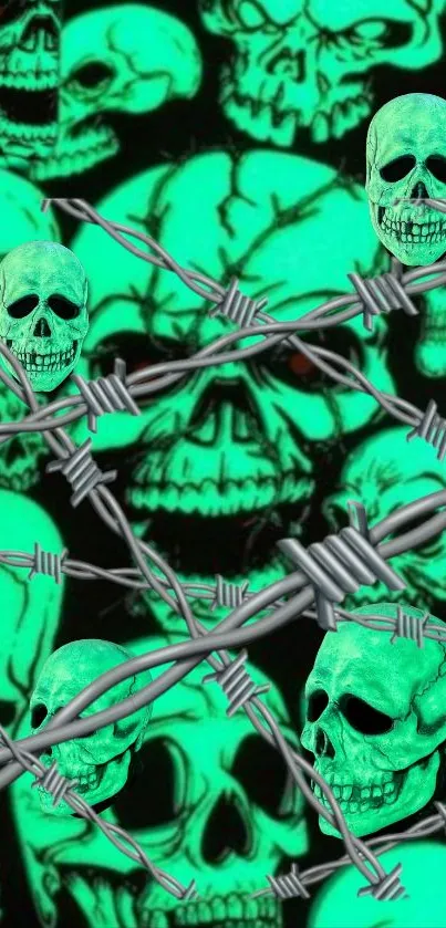 Neon green skulls with barbed wire design.