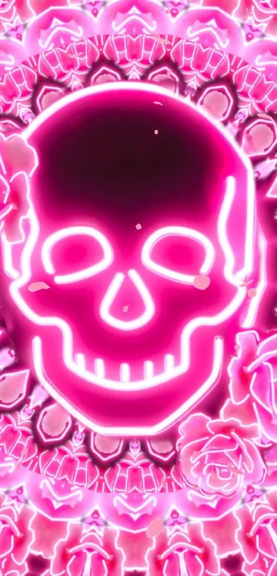 Neon pink skull with roses on vibrant wallpaper.