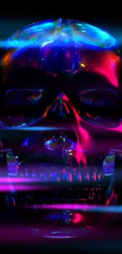 Vibrant 3D neon skull with striking colors on black background.