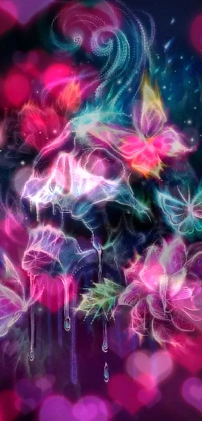 Neon skull with butterflies wallpaper design.