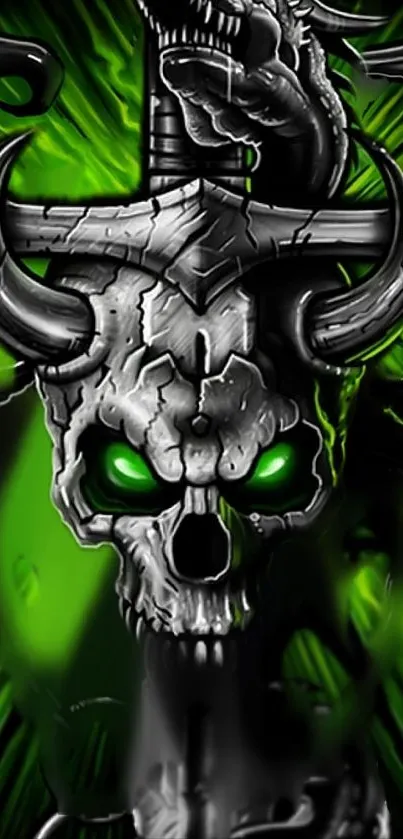 Neon green skull with dragon art wallpaper featuring a gothic theme.