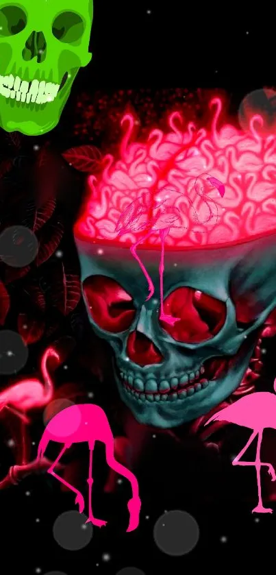 Neon skull with flamingos in vibrant, surreal art style.