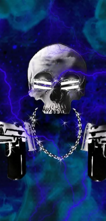 Neon skull and guns with blue background wallpaper.