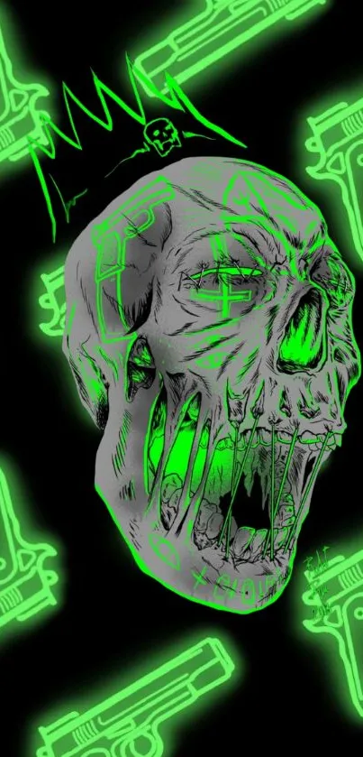 Neon green skull with guns wallpaper for mobile phone.