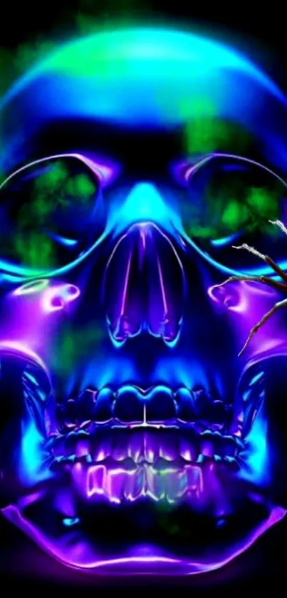 Neon blue skull and spider art with vibrant colors.