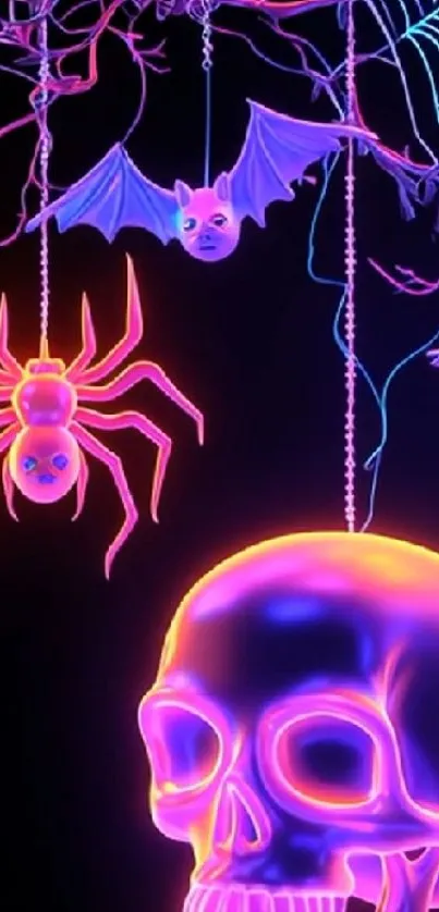 Neon skull and spider wallpaper with vibrant colors.