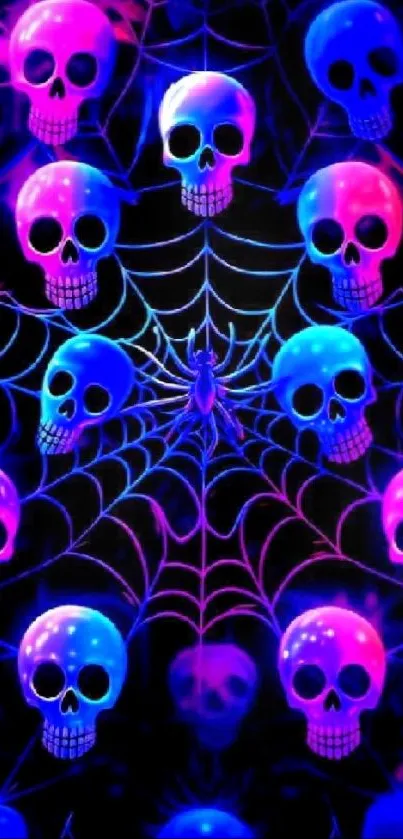 Neon skulls and spider web wallpaper with vibrant colors.