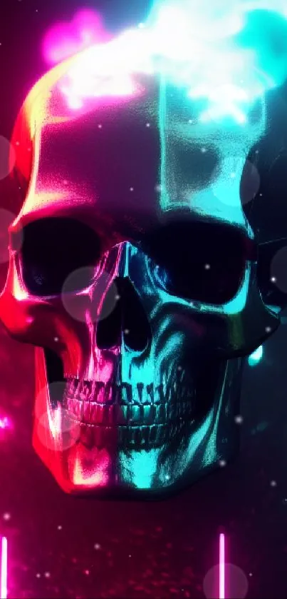 Vibrant neon skull art with colorful lights and bold design.