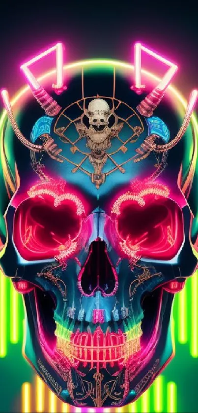 Vibrant neon skull art with intricate design.