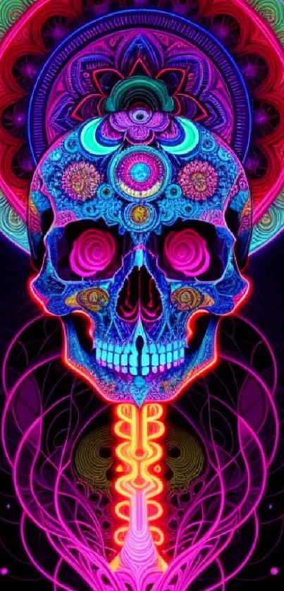 A vibrant neon skull with intricate patterns on a dark background.