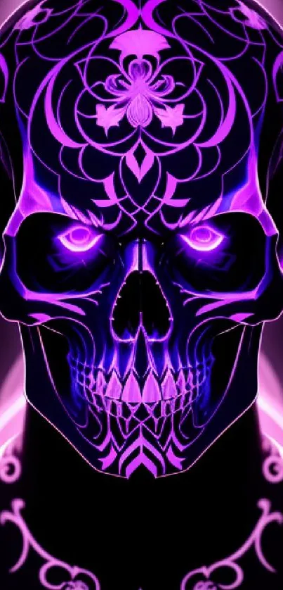 Intricate neon skull design on mobile wallpaper with vibrant purple hues.