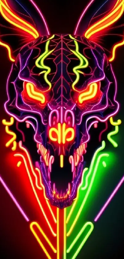 Neon skull with vibrant colors on black background, perfect for phone wallpaper.