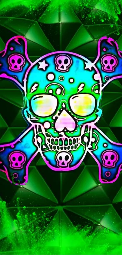 Colorful neon skull art wallpaper with green, blue, and pink design.