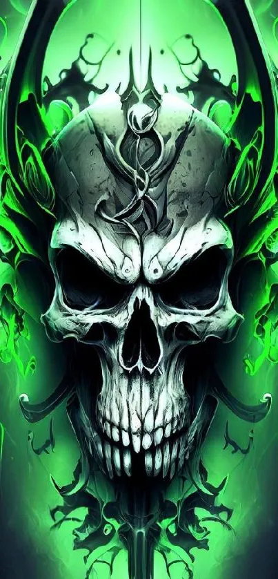 Vibrant neon green skull art with glowing dark themes for mobile wallpaper.