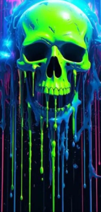 Neon green skull with dripping colors on dark background.