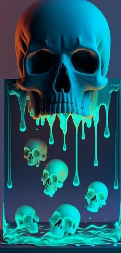 Vivid neon skull art with dripping effects, in teal and orange hues.