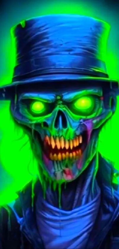 Neon skull art with glowing green holographic effect.