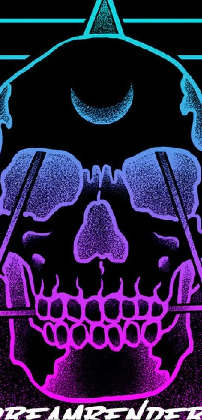 Neon skull with geometric patterns in vibrant colors.