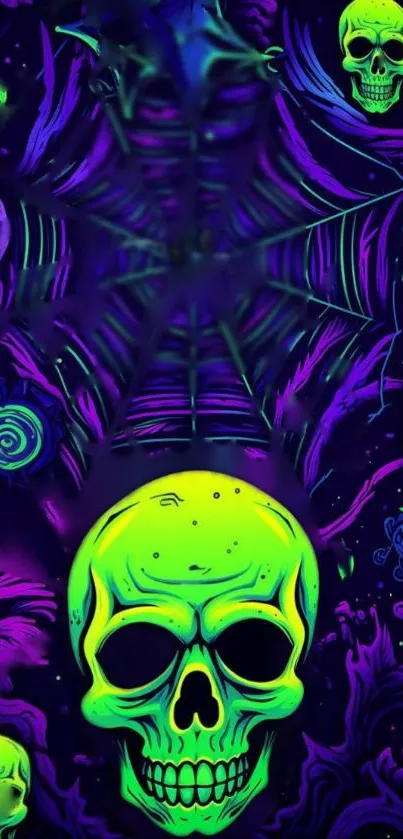 Neon green and purple skull wallpaper with artistic flair.