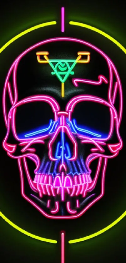 Neon skull digital art with vibrant colors, perfect for a bold mobile wallpaper.