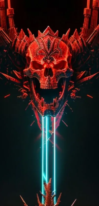 Red neon skull with blue laser, abstract art.