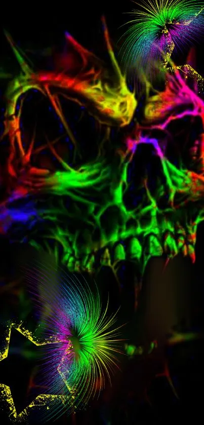 Neon skull wallpaper with vibrant fiery colors and glowing details.