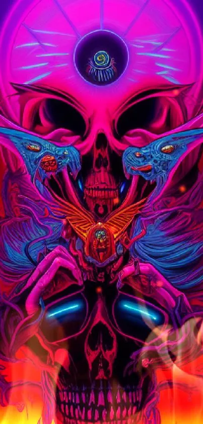 Neon skull art with vibrant colors and abstract design for mobile wallpaper.