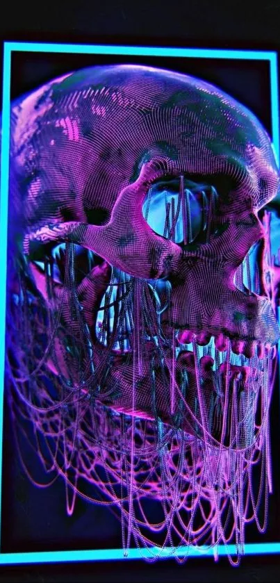 Vibrant neon skull art with purple and blue hues on a mobile wallpaper.