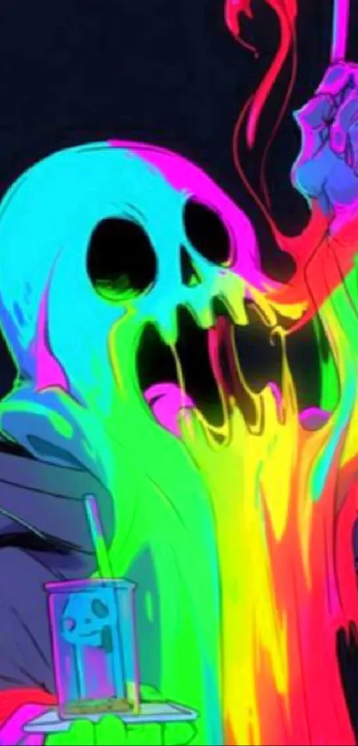 Neon-colored skull dripping vibrant hues on black background.