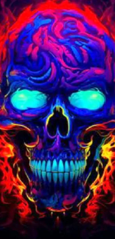 Vibrant neon skull with blue and orange hues for mobile wallpaper.