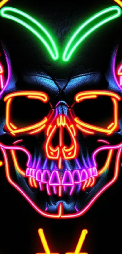 Vibrant neon skull design with glowing colors on a dark background.