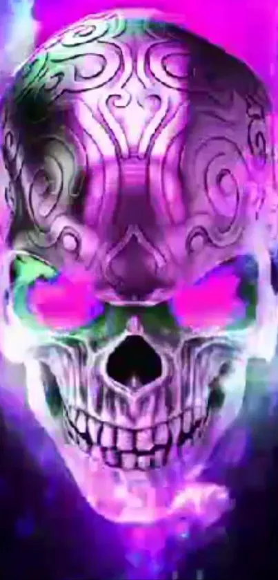 Neon skull with intricate designs in vibrant purple hue.