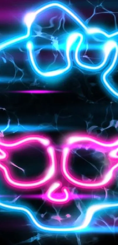 Neon skull art with electric blue and pink glow.