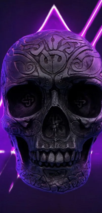 Intricate neon-lit skull with purple glow and carved patterns on a dark background.