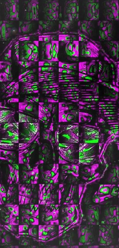 Neon skull art wallpaper with purple and green highlights.