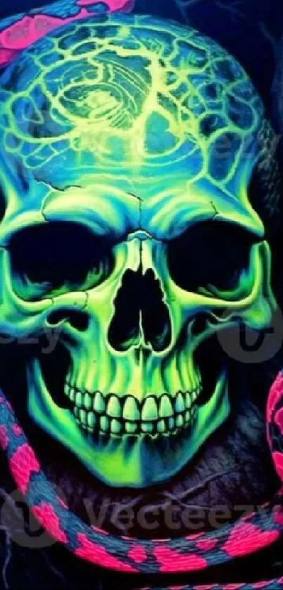 Neon green skull with pink snake design in a dark wallpaper.