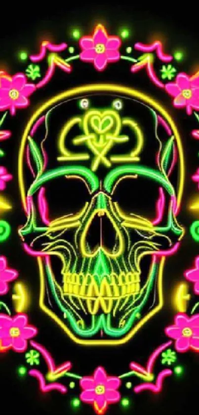 Colorful neon skull with floral design wallpaper.